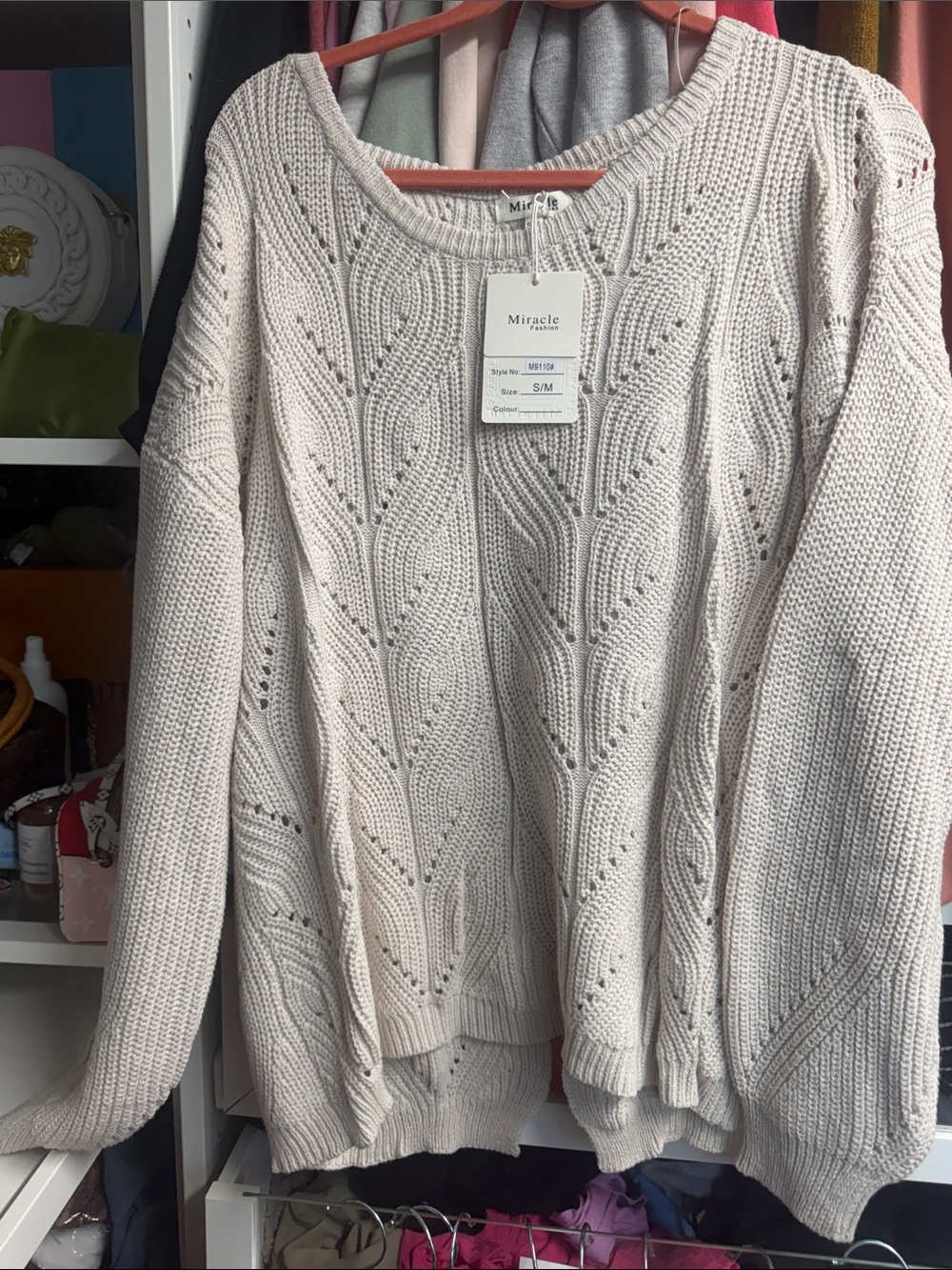 Miracle Cream Open-Leaf Knit Scoop Neck Sweater